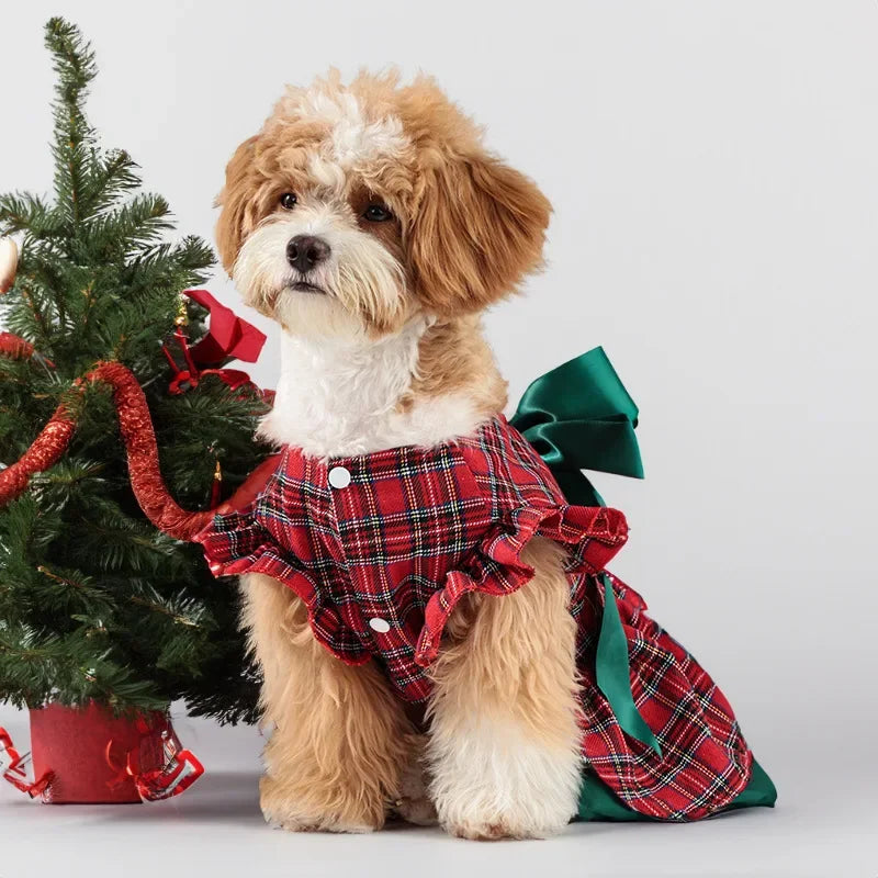 Red Plaid Christmas Dog Costume Cute Bowknot Princess Dress for Festival Party Small Dog Puppy Skirt Apparel Pet Clothes