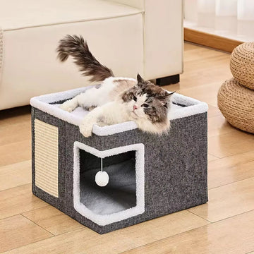 Cat Bed for Indoor Cats - Foldable Cat Hideaway with Hanging Fluffy Ball and Scratch Pad, Large Cat Bed Cave