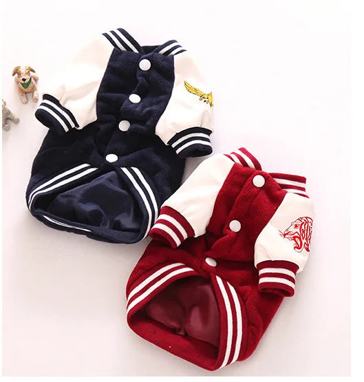 Autumn and Winter Lamb Wool Baseball Shirt Cute Striped Jacket Pet Hoodie Thick Leather Sleeves Embroidered Dog Puppy Clothes