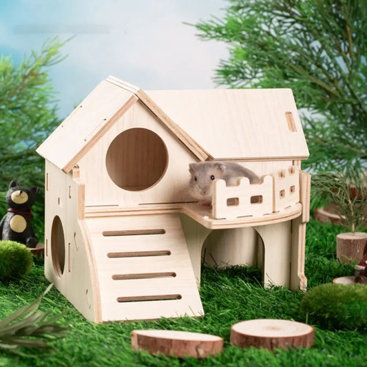 Hamster House Guinea Toy Wood Hideout Wooden Cabin Maze Cage Hidepets Toys Animal Place Hiding Platform Decor Enrichment