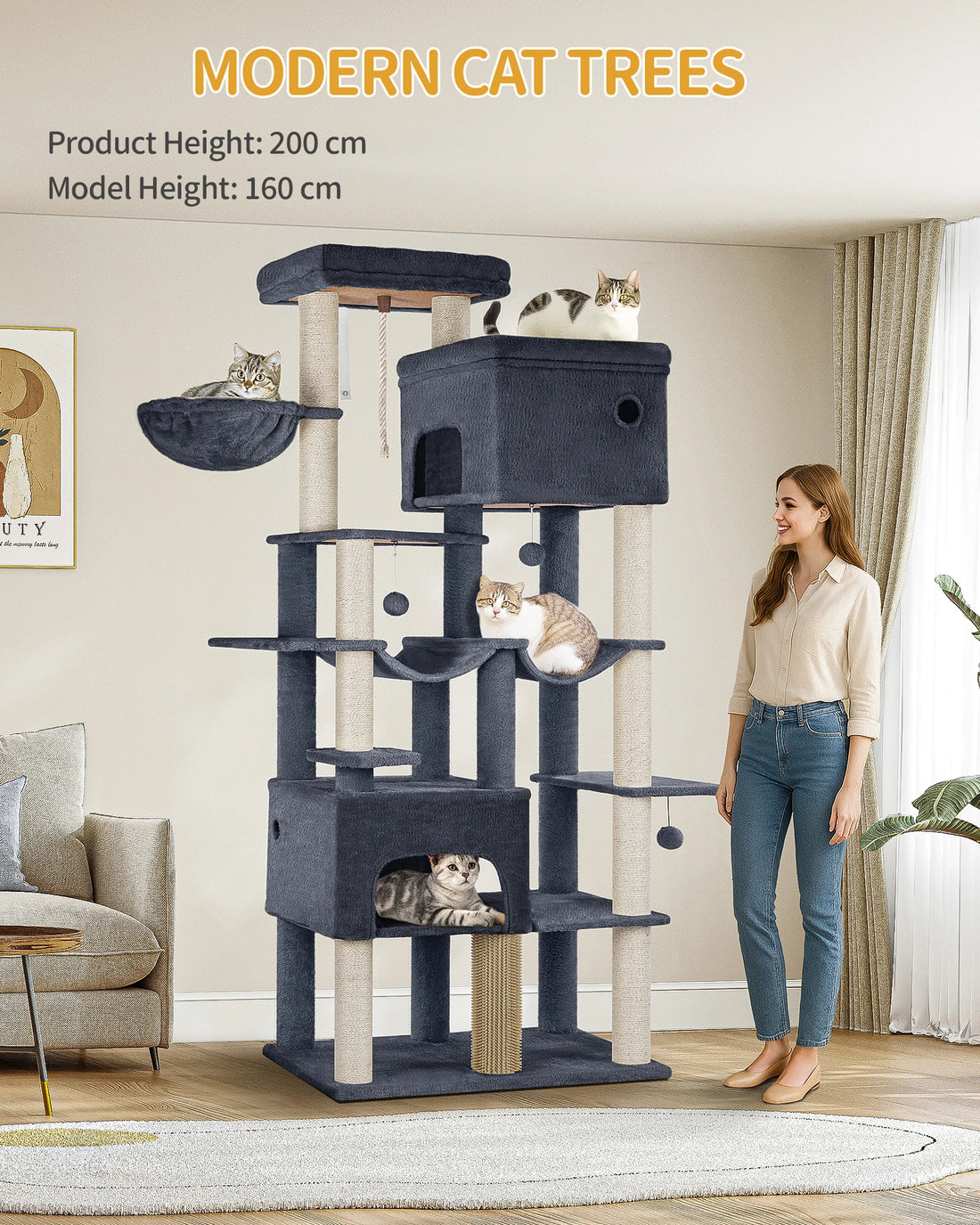 Hzuaneri Cat Scratching Post ,with 10 Scratching Posts, 2 Caves, 2 Hammocks, Large Platform, Cat Brushes, Basket, for Large Cats