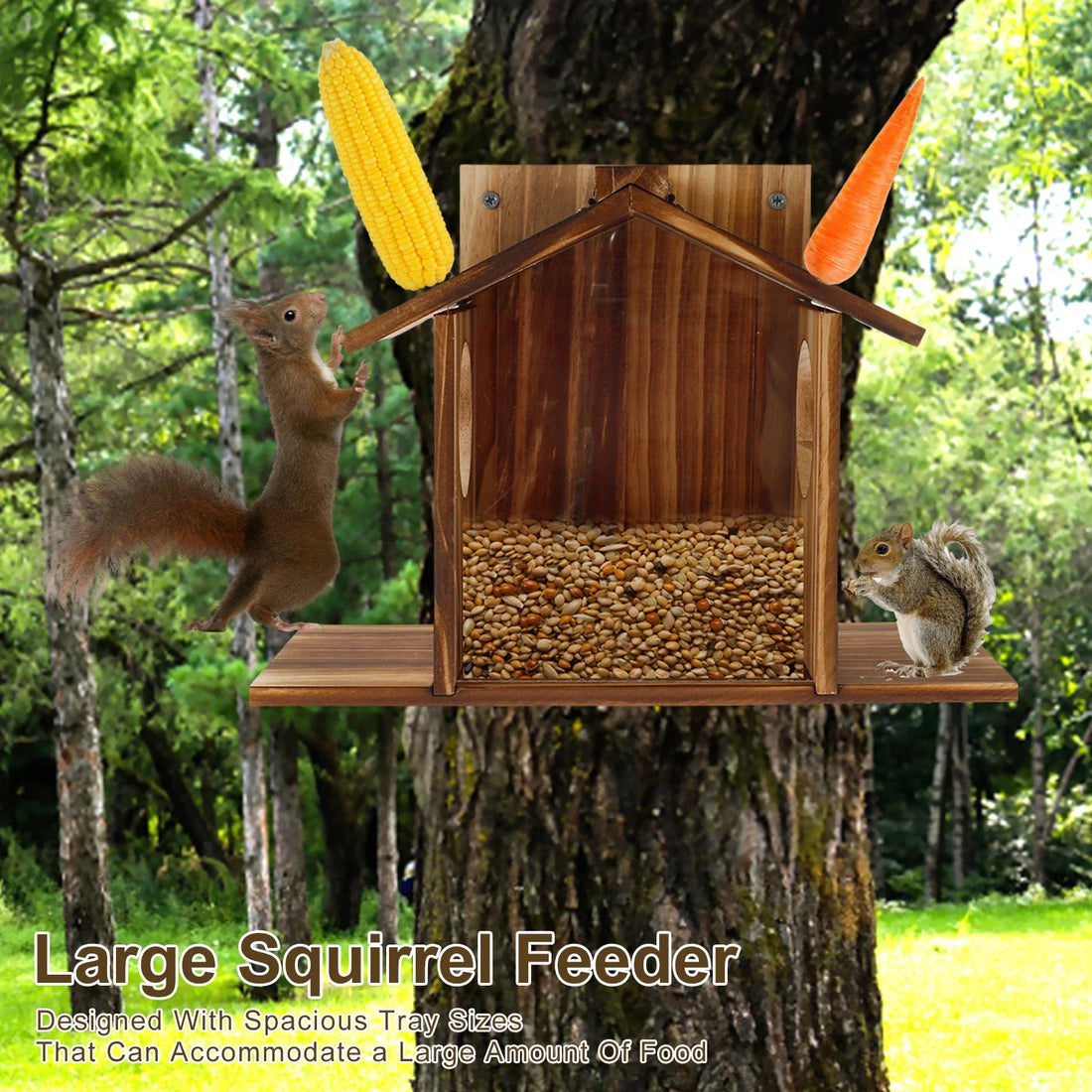 Wooden Squirrel Feeder Large Capacity Squirrel Feeder House with Roof Squirrel Feeding Stations Garden Decor for Corn Peanuts