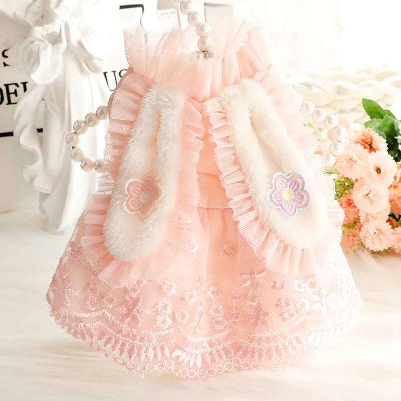 Korean Cute Rabbit Ear Puppy Clothing Autumn Winter Soft Plush Pink Dresses For Small Medium Dog Fashion Warm Pet Dog Clothes