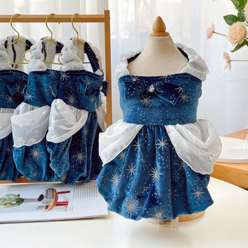 Ins Deep Blue Starry Skirt Pet Autumn/Winter Warm Pet Cat Dog Clothes Velvet Princess Thick Dog Skirt Puppy Dresses Pet Clothing