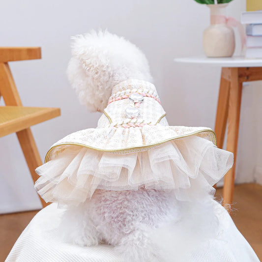 Pet Woolen Dress Dog Cat Coat Pet Pearl Plush Coat Patchwork Gauze Skirt Dog Fluffy Dress Dog Clothes for Small Dogs Puppy