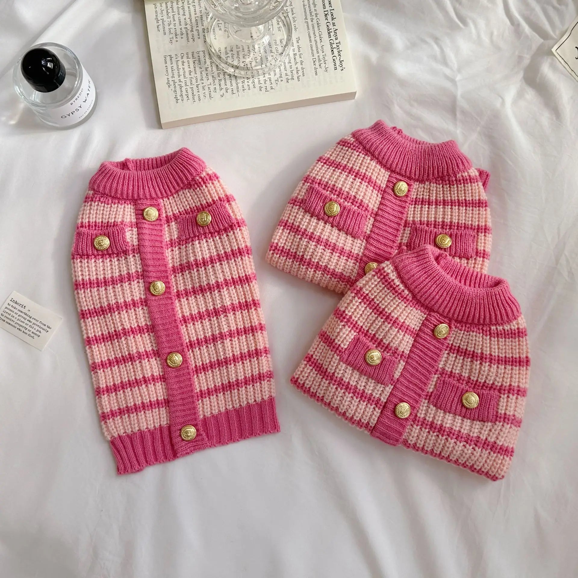 Pet Pink Striped Sweater Dog Knitted Cardigan Autumn and Winter Dog Thick Warm Sweater Teddy Cat Clothes for Small Dogs Puppy