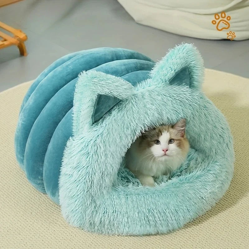 Enclosed Pet Bed Winter Warm Plush Hooded Cat Bed House with Cute Ears Indoor Nest Cave Comfort Kittens Hideaway for Small Dog