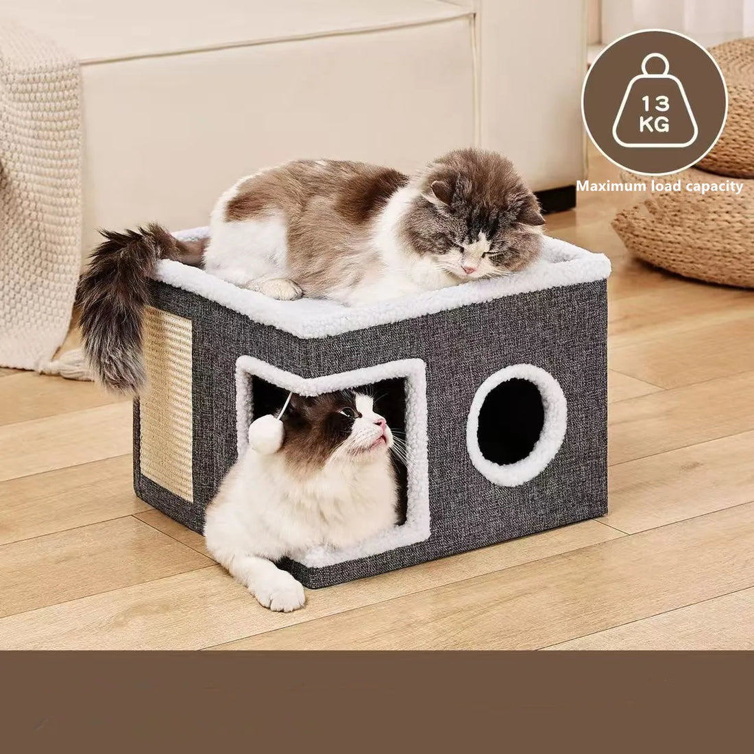 Cat Bed for Indoor Cats - Foldable Cat Hideaway with Hanging Fluffy Ball and Scratch Pad, Large Cat Bed Cave