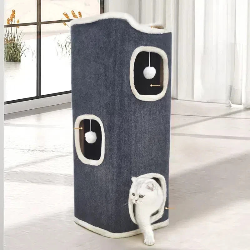 3-tiers Cat Bed winter Pet House Covered Cave with soft mat Large Hideaway Cat Tent with Fluffy Ball Hanging