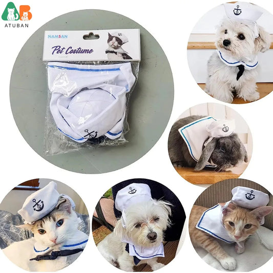 ATUBAN Pet Sailor Costume for Cats Small Dogs Halloween Cat Sailor Hat with Tie Collar Doggy Navy Outfit Cosplay Apparel