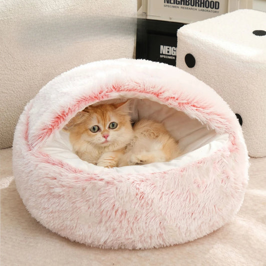 Round Cat Cushion Semi Enclosed Pet Sleep Bags Long Soft Plush 2 in 1 Warms Cats Beds Simple Comfort Warm Puppy Sleeping Nest