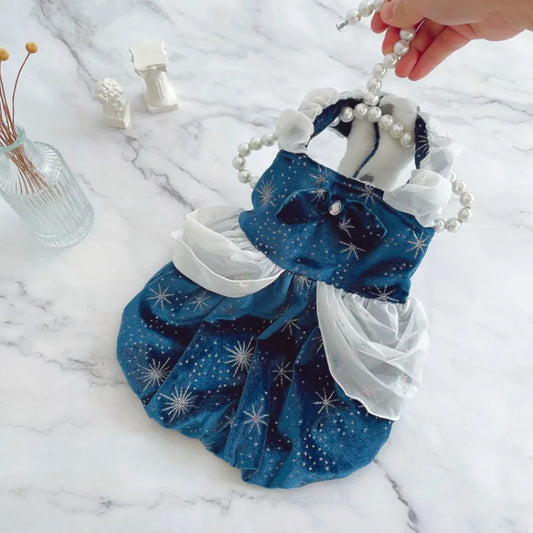 Ins Deep Blue Starry Skirt Pet Autumn/Winter Warm Pet Cat Dog Clothes Velvet Princess Thick Dog Skirt Puppy Dresses Pet Clothing