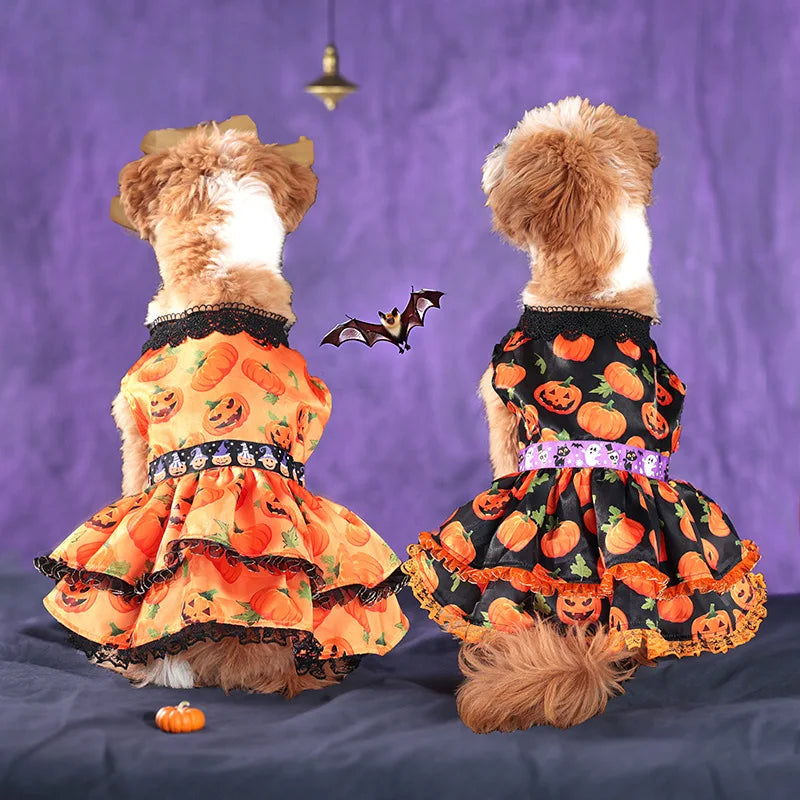 Pumpkin Lace Dress Pet Supplies Halloween Party Double Layered Dress Dog Clothing