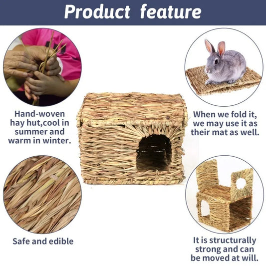 Grass House for Rabbit Foldable Woven Rabbit Cages Hamster Guinea Pig Grass Chew Toy Mat House Bed Nests for Animal Accessories